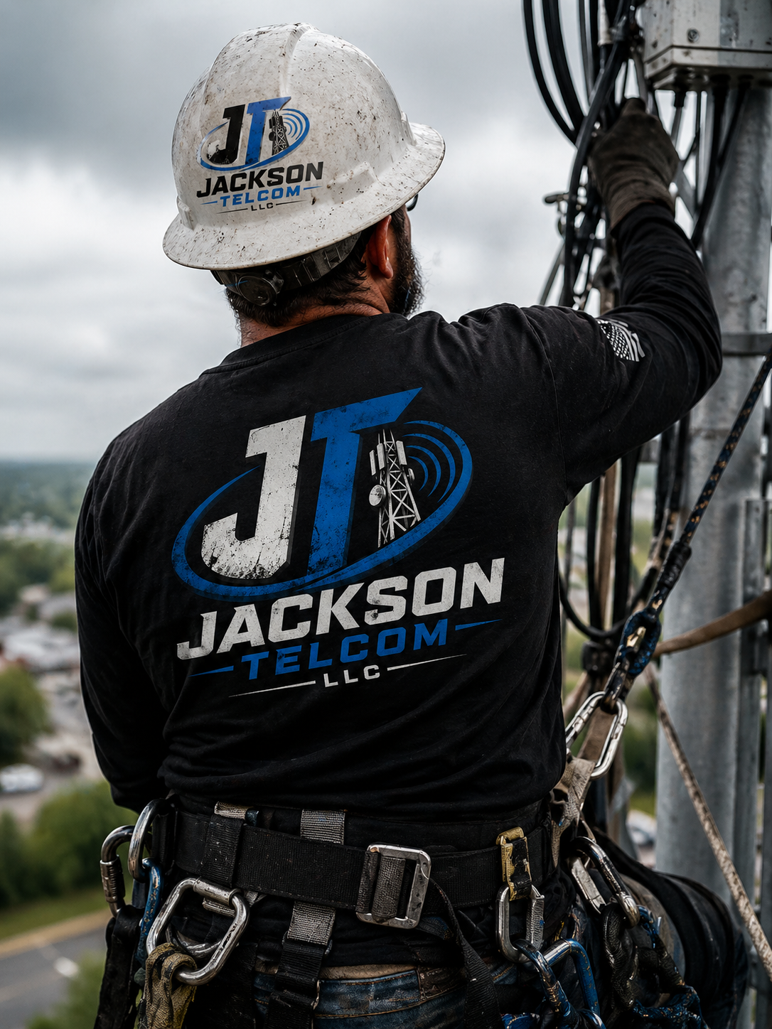 Jackson Telcom aerial technician working on communications infrastructure