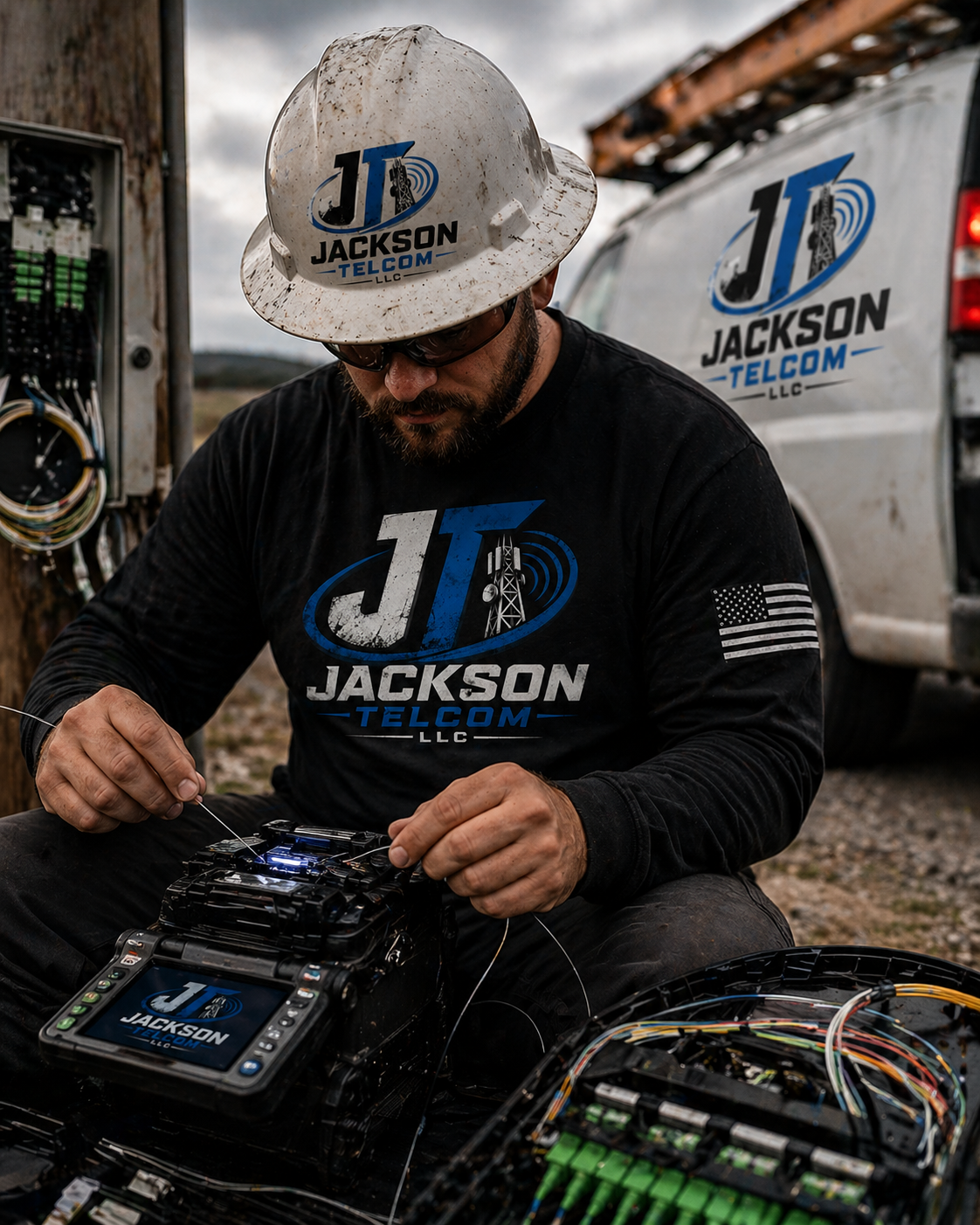 Jackson Telcom fiber splicer working beside a branded service vehicle
